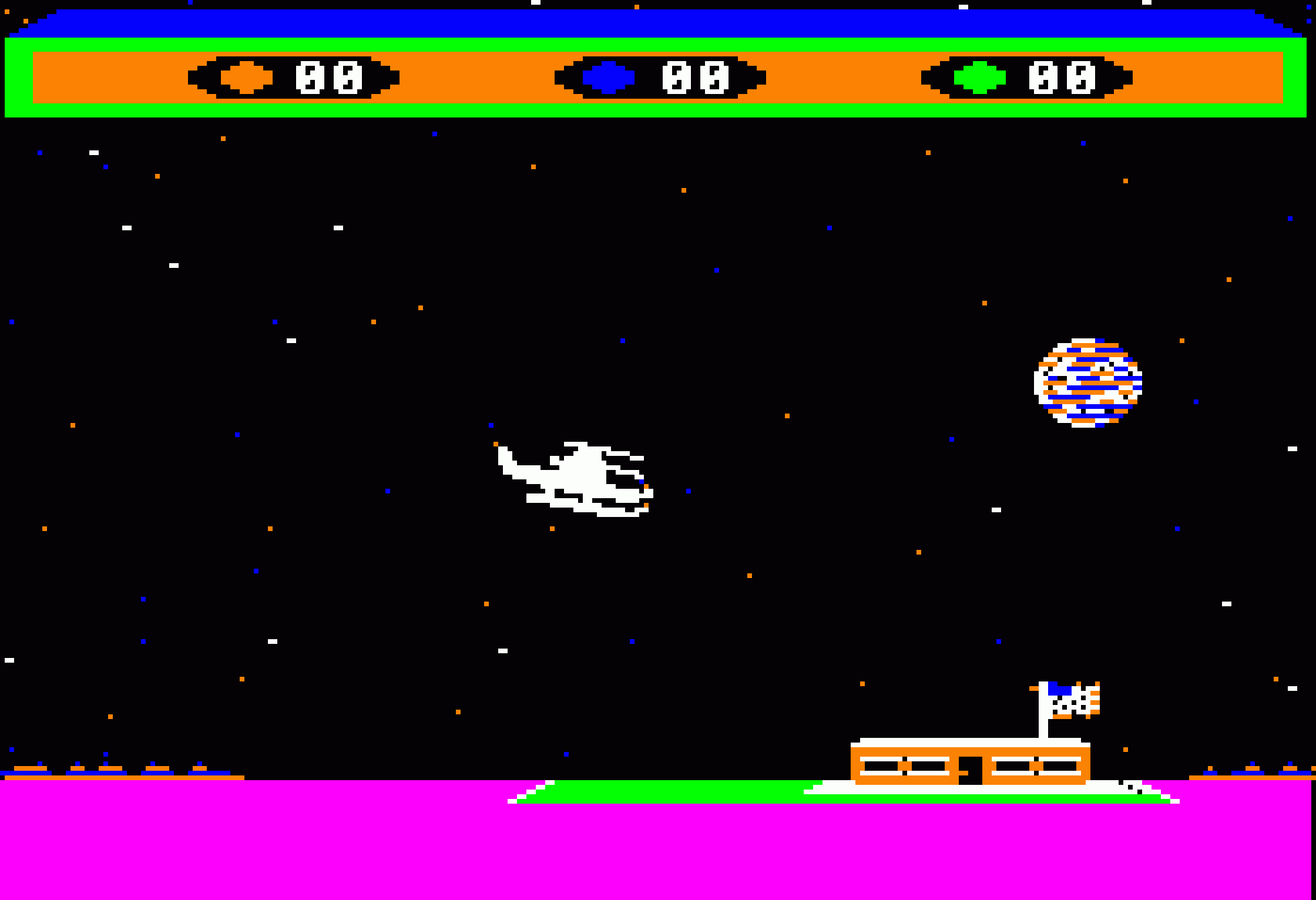 A screenshot of Choplifter on the Apple II